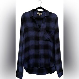 Cloth & Stone Blue Plaid Button Front Shirt Medium Relaxed Rayon Hi-Low